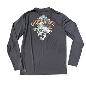 Quiksilver Long Sleeve Rash Guard Sun Shirt Skull Palm Tree Graphic Grey Small